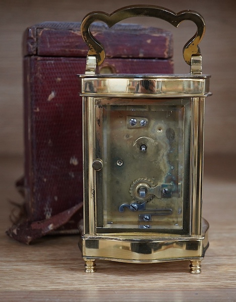 A cased carriage timepiece, P. Orr and Sons, Madras, timepiece 11.5 cm high. Condition- poor to fair